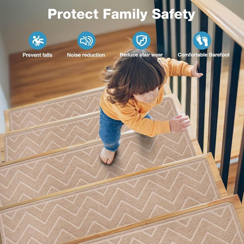 DK177 Stair Treads for Wooden Steps, 15 Pack 8"x30" Non-Slip Indoor Carpet Stair Treads with Reusable Polyester TPE Backing for Kids Elders and Pets (Beige, 15PCS) - Image 3